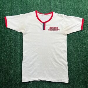 VTG Velva Sheen Boston University T-Shirt Mens Small White Red Ringer Cotton 70s